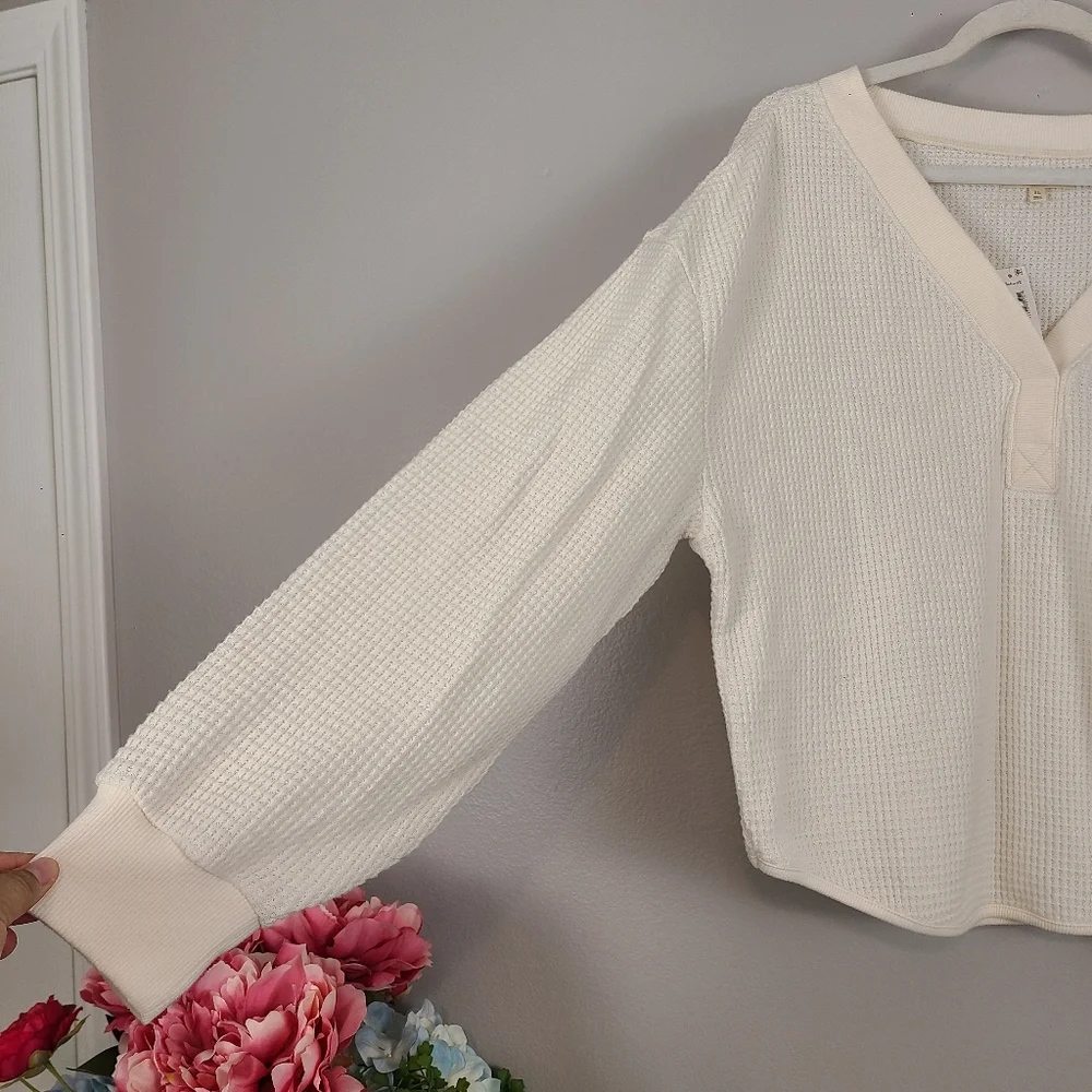 Madewell Classic Brushed Waffle Knit V-neck Long Sleeve Top In Antique Cream XL